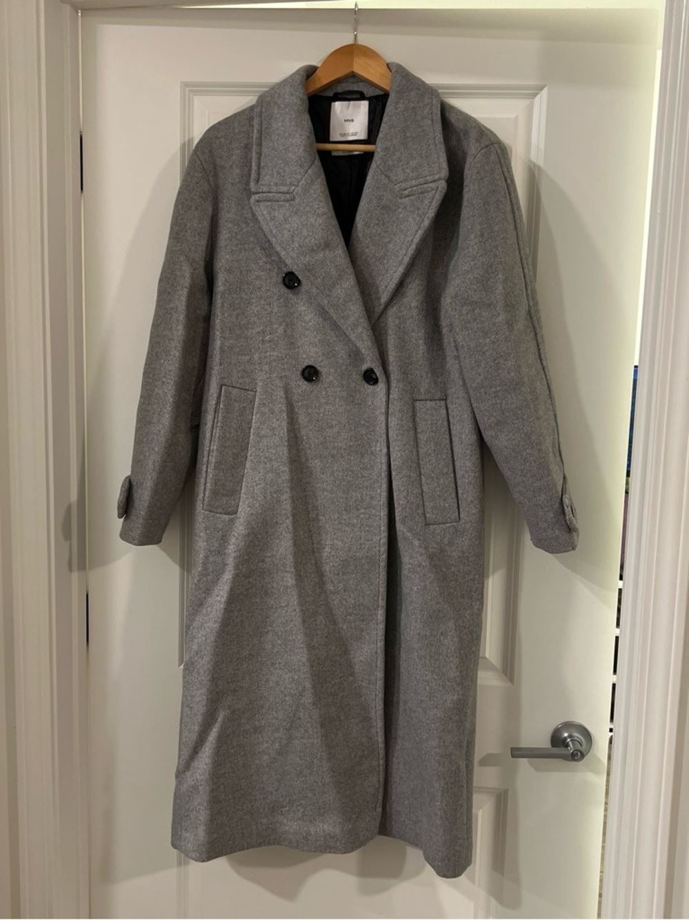 Mango Wool-Blend Double-Breasted Gray Overcoat